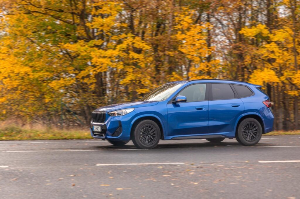 coche azul en una carretera de bosque