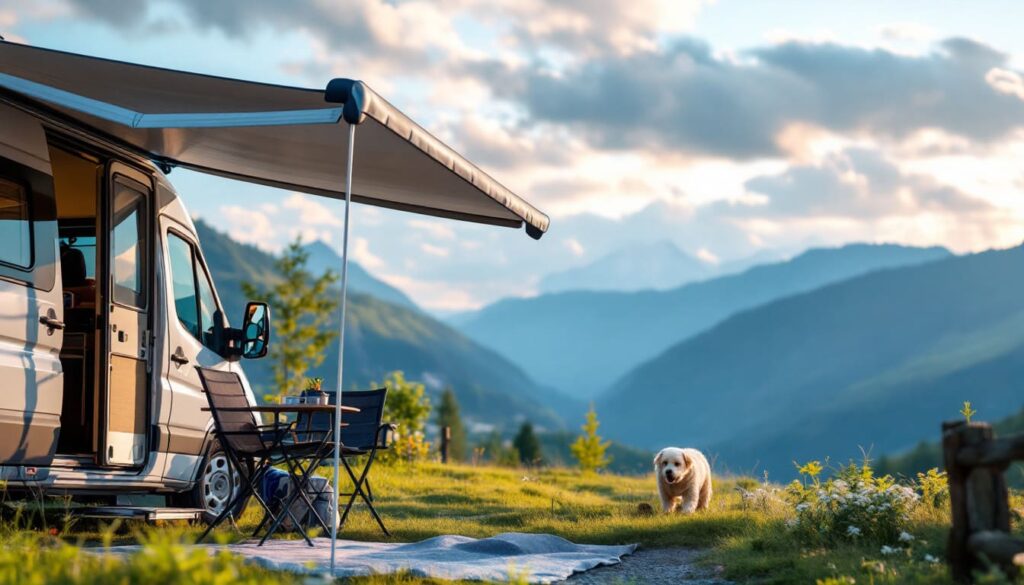 autocaravana toldo extendido vista montanas