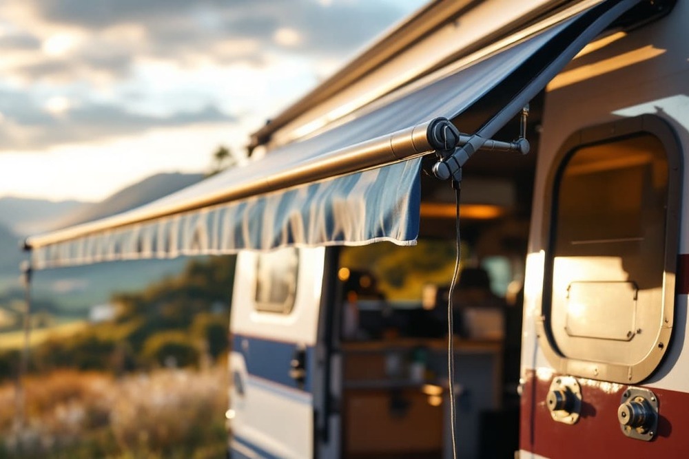 detalle toldo autocaravana extensible luz atardecer