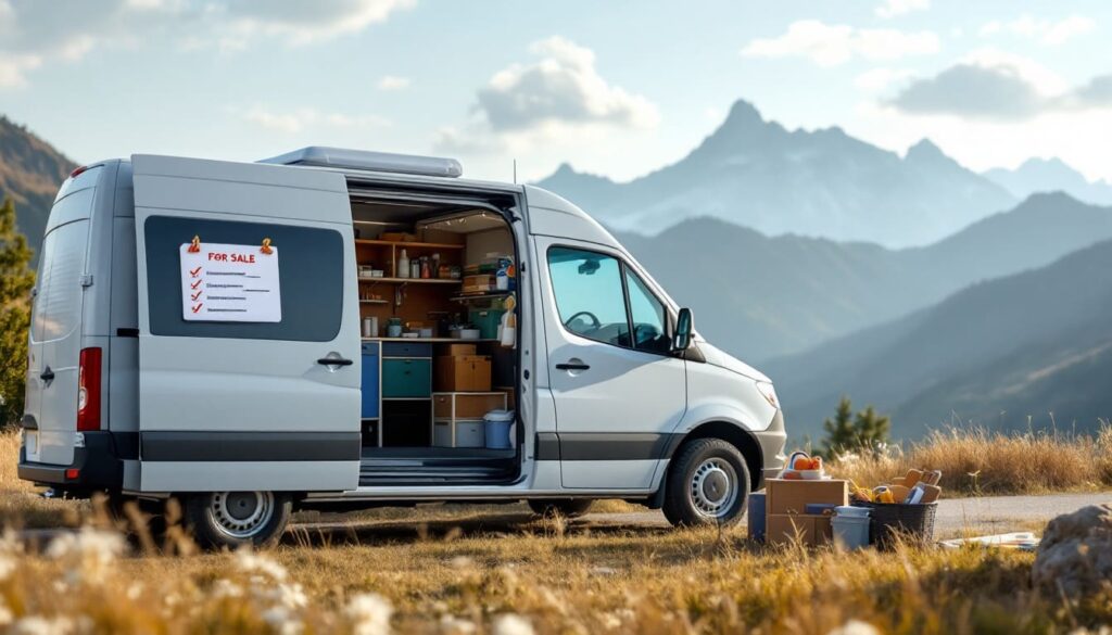 furgoneta camper abierta en montana con estacion de cafe portatil