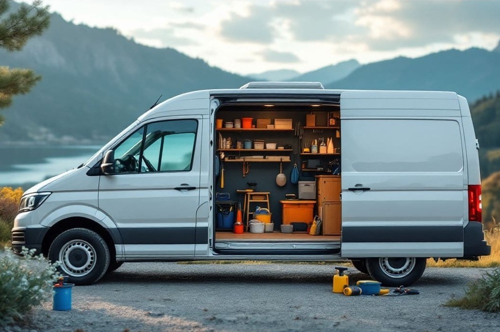 vanlife en la naturaleza con furgoneta transformada en cafeteria