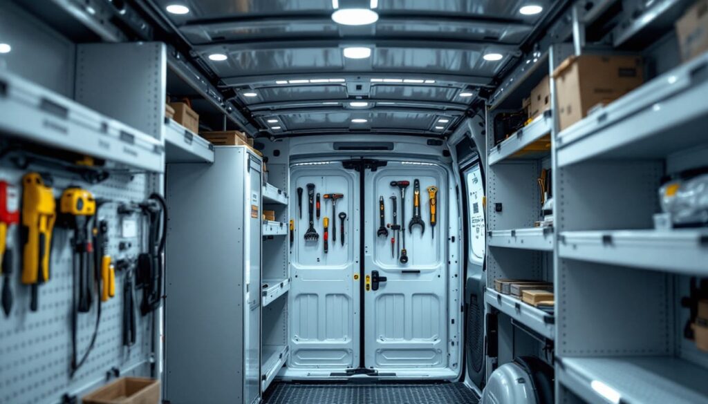 interior de furgoneta taller movil con estanterias llenas de herramientas y accesorios organizados para trabajo