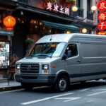 A photograph of a well-maintained used industrial van parked in a bustling urban setting