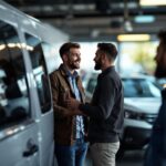A photograph of a person examining a used van in a dealership lot