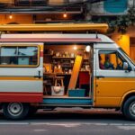 A photograph of a well-maintained second-hand mixed van parked in a vibrant urban setting