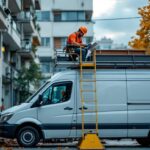 A photograph of a skilled worker using a second-hand van with a raised platform