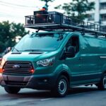 A photograph of a medium-sized used van equipped with an elevated basket