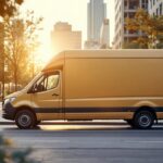 A photograph of a medium-sized closed-box van parked in an urban setting