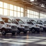 A photograph of a lineup of ready-to-deliver vans in a well-organized dealership setting