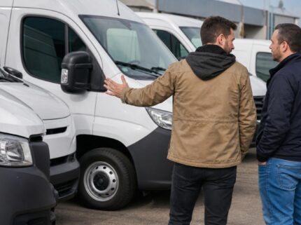 Two men discussing a row of white commercial cargo vans at an outdoor vehicle dealership.