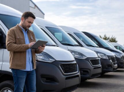 Man using a digital tablet while standing in front of a row of white and black commercial delivery vans in an outdoor lot.