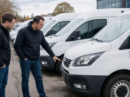 Two men inspecting a row of white second-hand diesel vans in an outdoor commercial vehicle dealership lot.